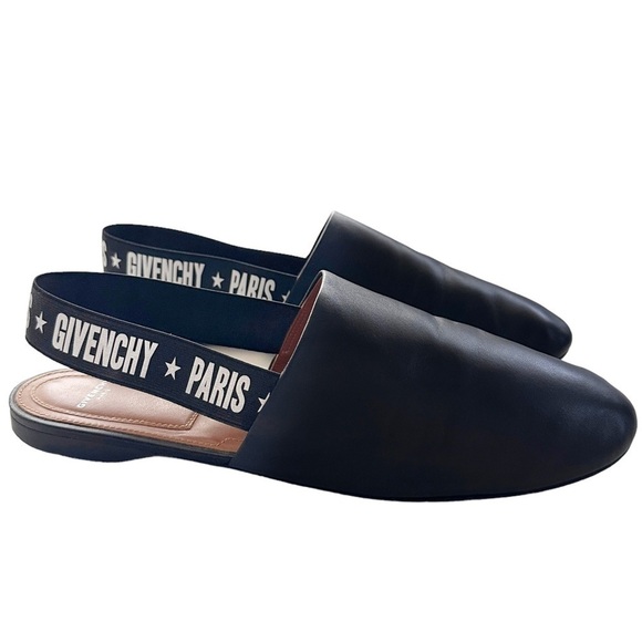 Givenchy Rivington Logo Elastic Slingback Black Leather Flats Mules 39.5 US 9.5 - Picture 1 of 13